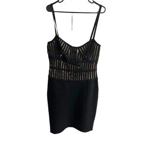 Terani Couture NWT Black Gold Mesh-Striped Bodycon Cocktail Event Dress Size 4